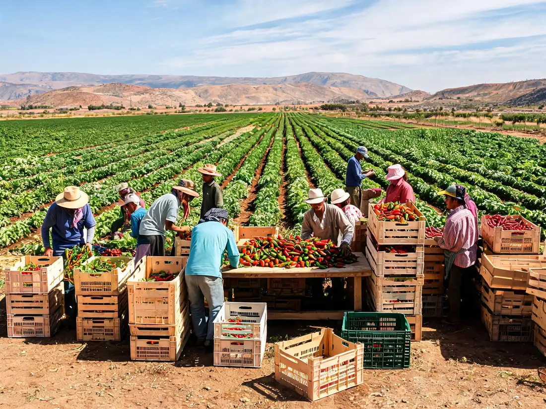 Campo, cosecha y empaque de producción agrícola real